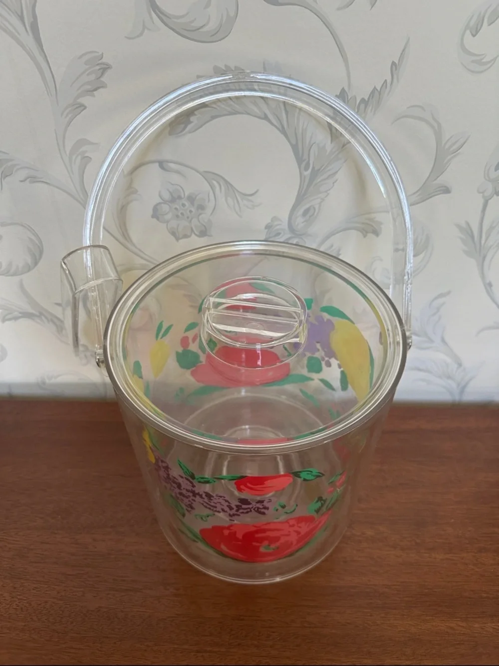 🧊 Clear Floral Acrylic Ice Bucket with Handle lid and tongs retro